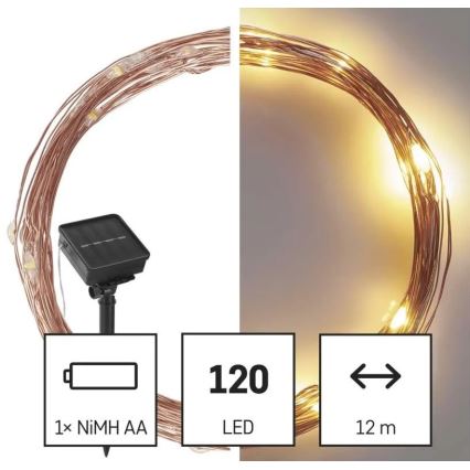 Soldrevet LED lyskæde LED/2,4W/1,2V 1xAA 15 m IP44 3000K 600 mAh