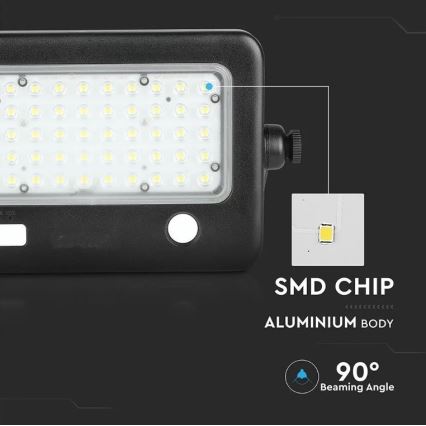 Soldrevet LED projektør dæmpbar med sensor LED/10W/3,7V 4000K IP65 7200 mAh + USB-port