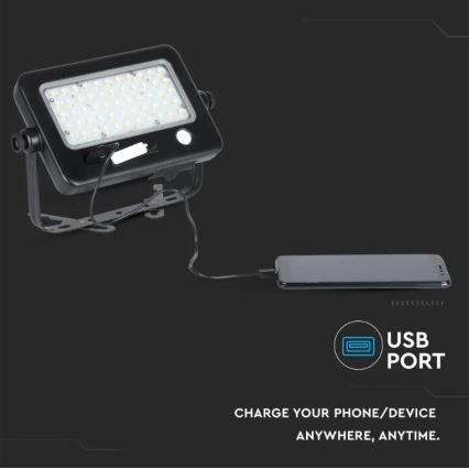 Soldrevet LED projektør dæmpbar med sensor LED/10W/3,7V 4000K IP65 7200 mAh + USB-port
