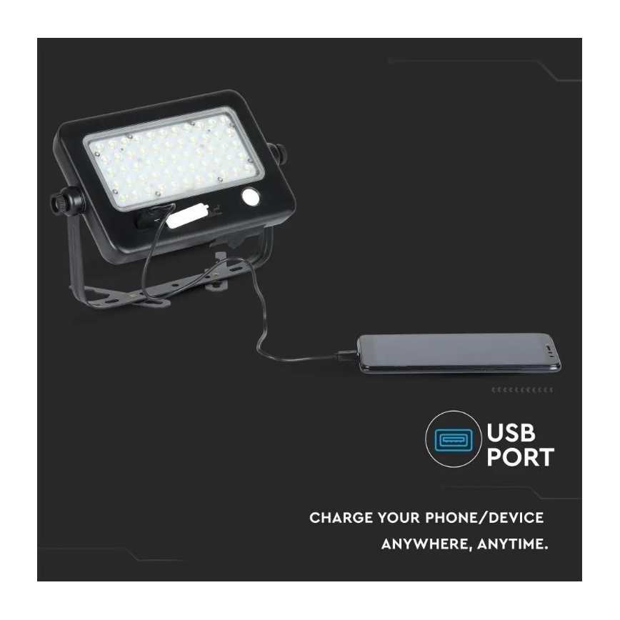 Soldrevet LED projektør dæmpbar med sensor LED/10W/3,7V 4000K IP65 7200 mAh + USB-port