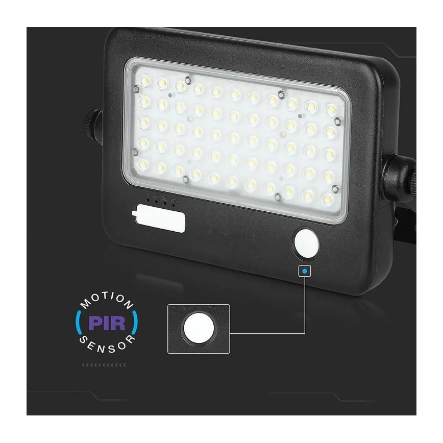 Soldrevet LED projektør dæmpbar med sensor LED/10W/3,7V 4000K IP65 7200 mAh + USB-port