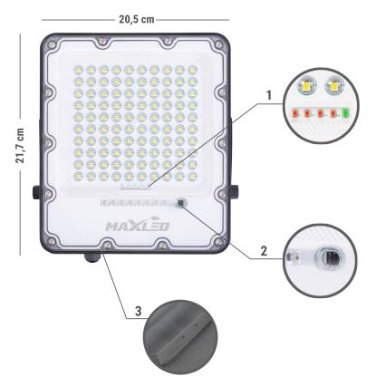 Soldrevet LED projektør dæmpbar LED/100W/3,2V 4500K IP65 sort + fjernbetjening