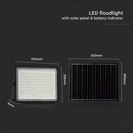 Soldrevet LED projektør LED/20W/3,2V 6400K sort IP65 + fjernbetjening