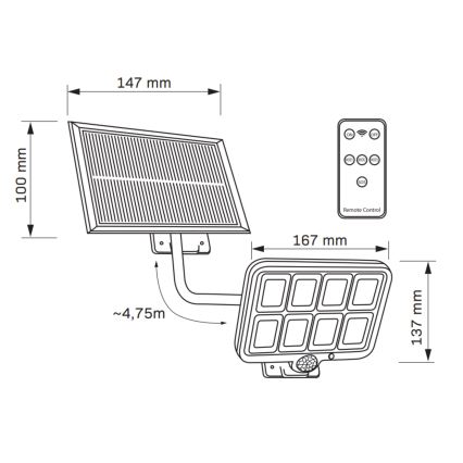 Soldrevet LED projektør med sensor INTEGRA LED/3W/3,7V 1200 mAh IP44 + fjernbetjening