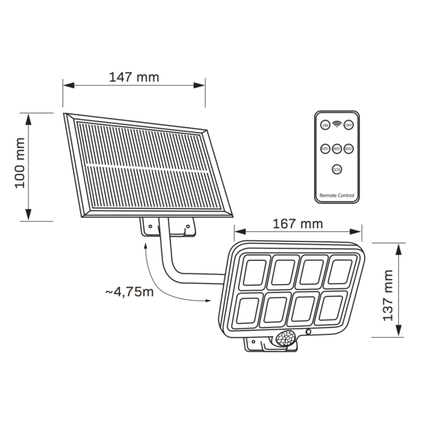 Soldrevet LED projektør med sensor INTEGRA LED/3W/3,7V 1200 mAh IP44 + fjernbetjening