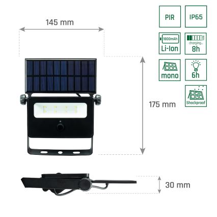 Soldrevet LED projektør med sensor NOCTIS LED/2W/1800 mAh 3,7V 6000K IP65