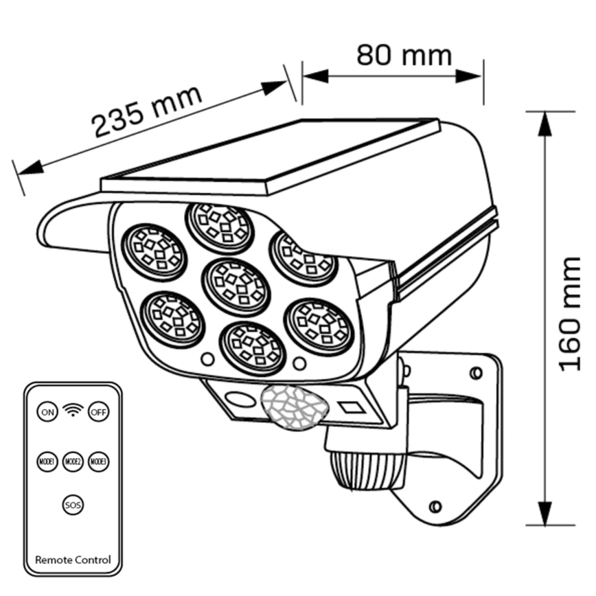 LED Dummy-sikkerhedskamera med sensor soldrevet KAMERA LED/1W/3,7V 1200 mAh IP44 + fjernbetjening