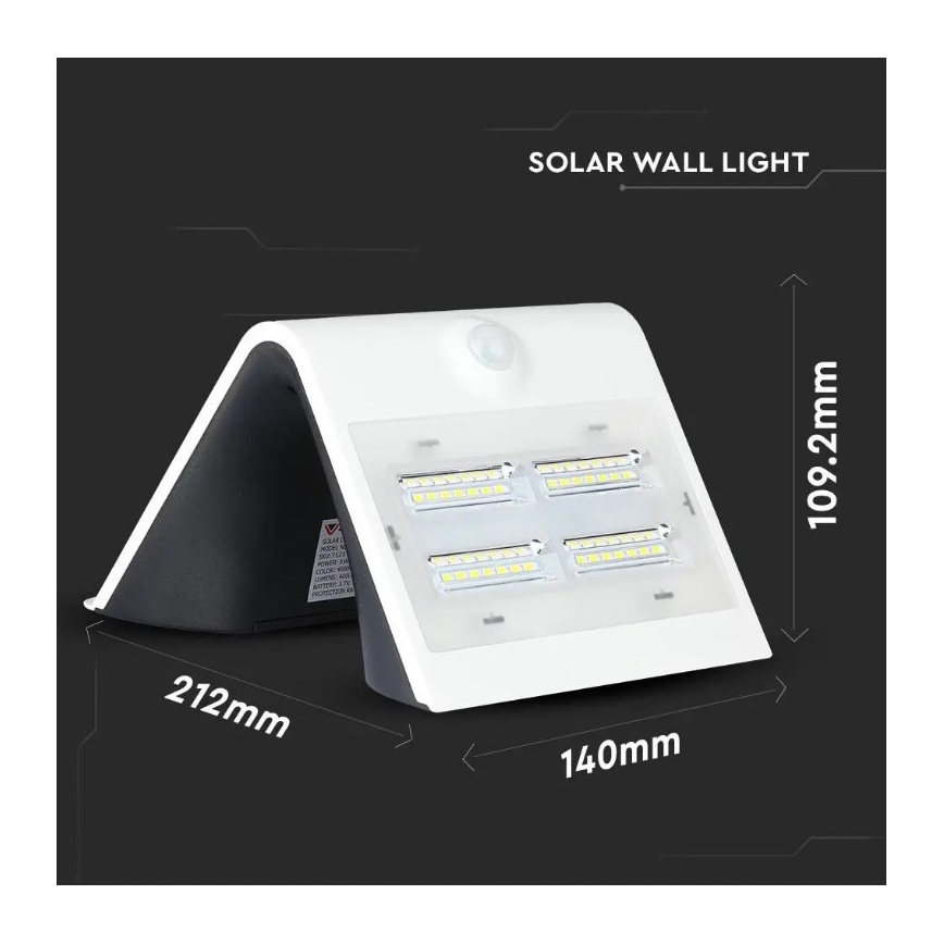 Soldrevet LED væglampe med sensor LED/3W/3,7V 3000/4000K IP65 2000 mAh hvid