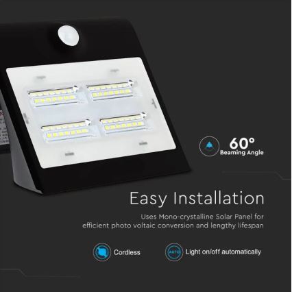 Soldrevet LED væglampe med sensor LED/3W/3,7V 3000/4000K IP65 sort