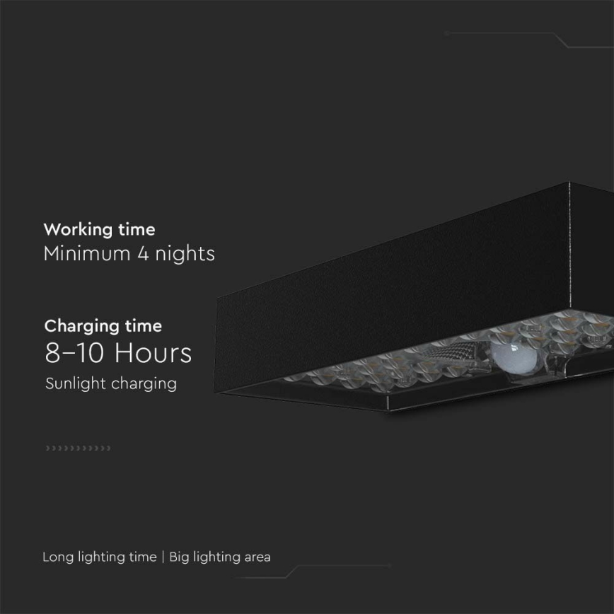 Soldrevet LED væglampe med sensor LED/6W/3,7V IP65 4000K 3000 mAh sort