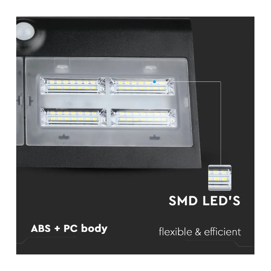 Soldrevet LED væglampe med sensor LED/7W/3,7V 4000K IP65 sort