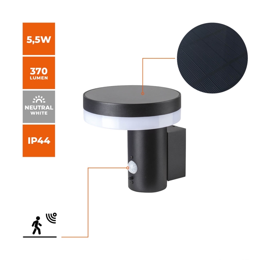 Soldrevet LED væglampe med sensor SOLARIS3 LED/5,5W/3,7V 4000K IP44 2600 mAh