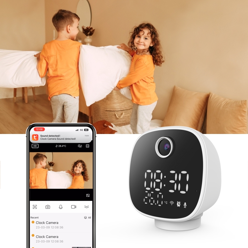 Smart-kamera med vækkeur, termometer og LED-lys 1296p 3Mpx 5V Wi-Fi Tuya IP65
