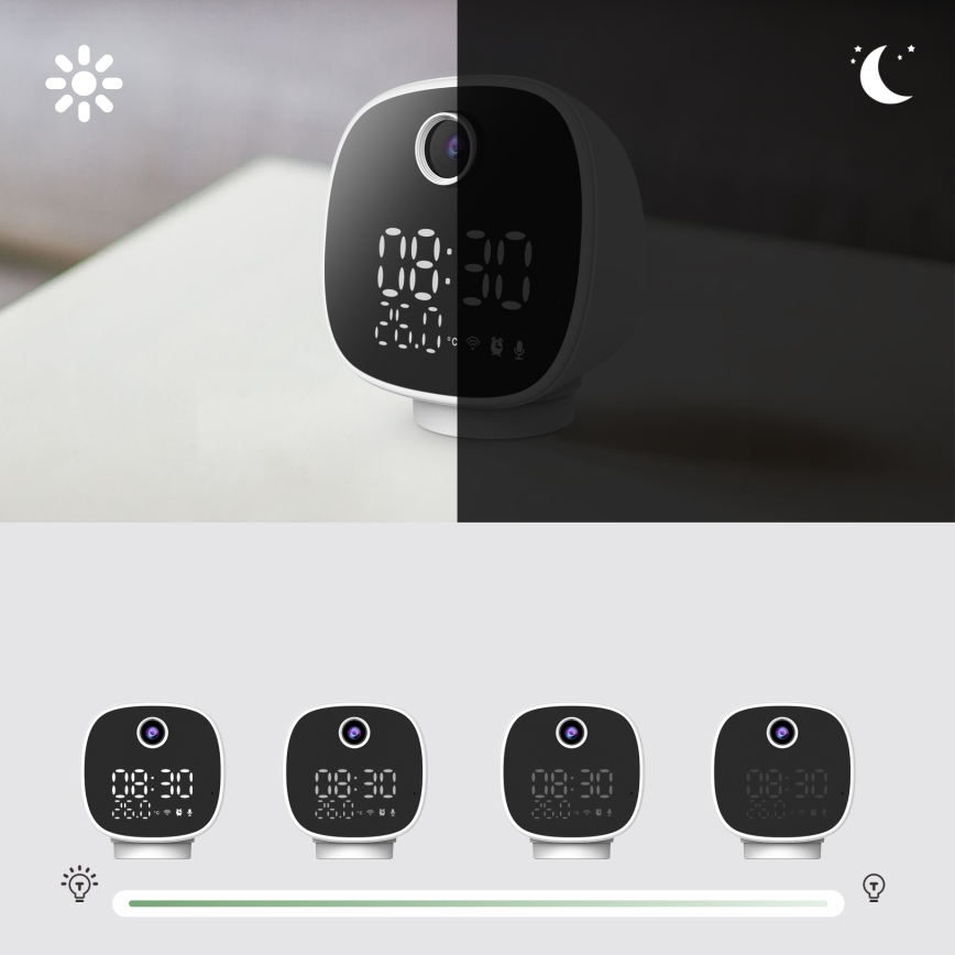 Smart-kamera med vækkeur, termometer og LED-lys 1296p 3Mpx 5V Wi-Fi Tuya IP65