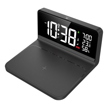 Solight CA06 - LED Vækkeur med LCD-display og trådløs opladning Qi LED/10W/230V