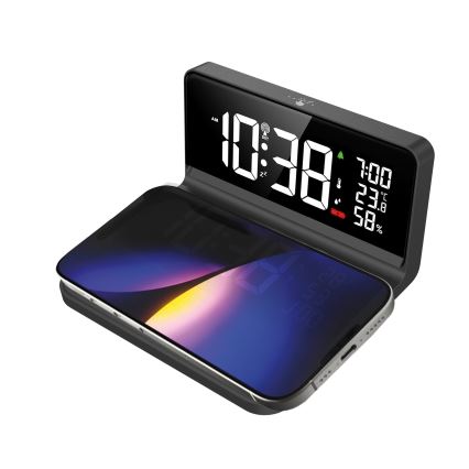 Solight CA06 - LED Vækkeur med LCD-display og trådløs opladning Qi LED/10W/230V