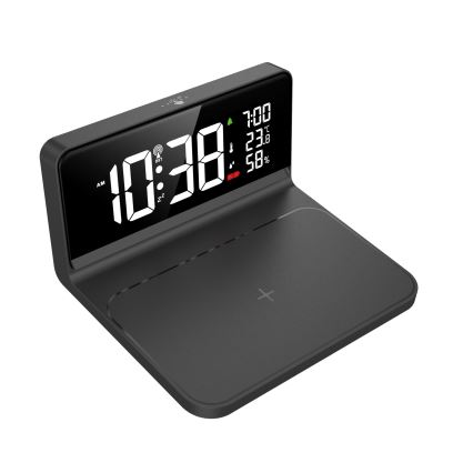 Solight CA06 - LED Vækkeur med LCD-display og trådløs opladning Qi LED/10W/230V