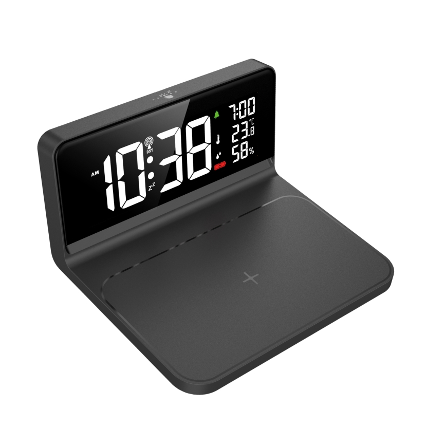 Solight CA06 - LED Vækkeur med LCD-display og trådløs opladning Qi LED/10W/230V