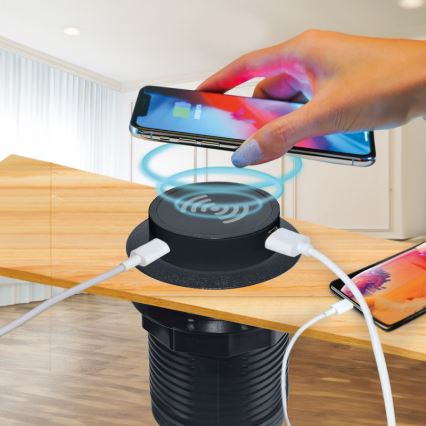 Indbygget trådløs oplader + USB A+C sort
