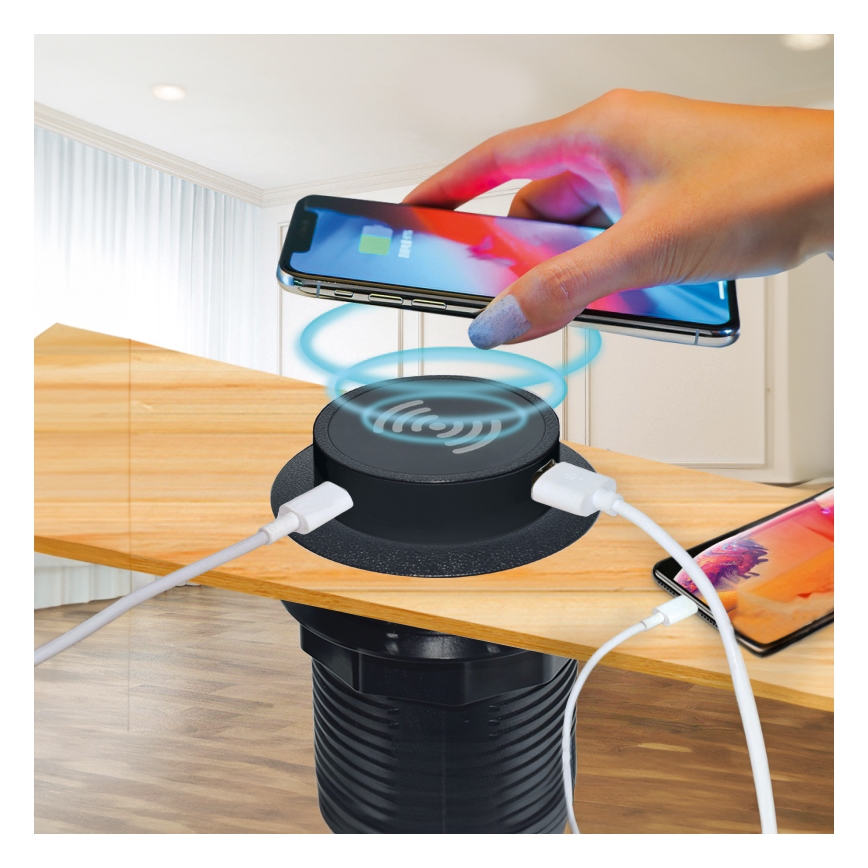 Indbygget trådløs oplader + USB A+C sort