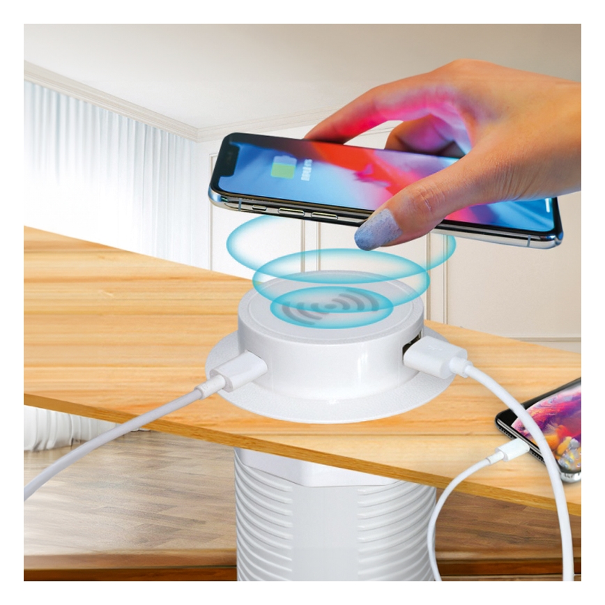 Indbygget trådløs oplader + USB A+C hvid