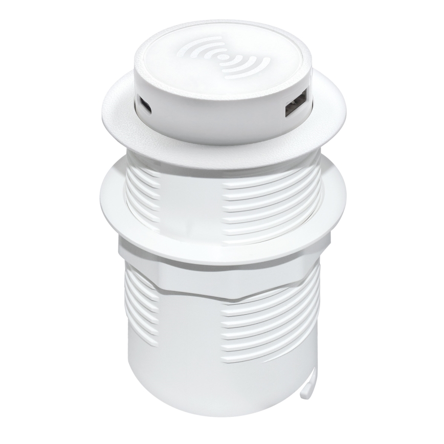 Indbygget trådløs oplader + USB A+C hvid