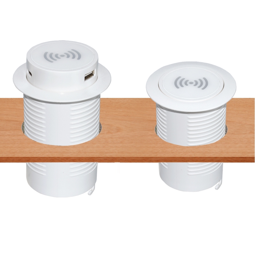 Indbygget trådløs oplader + USB A+C hvid