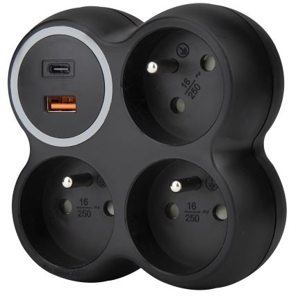 Stikdåse 3x 15A med USB-A og USB-C, sort