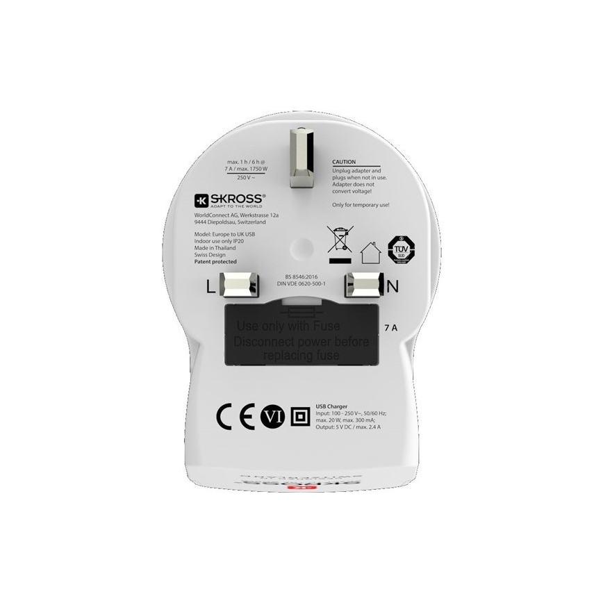 Rejseadapter til UK 230V + 2x USB-port
