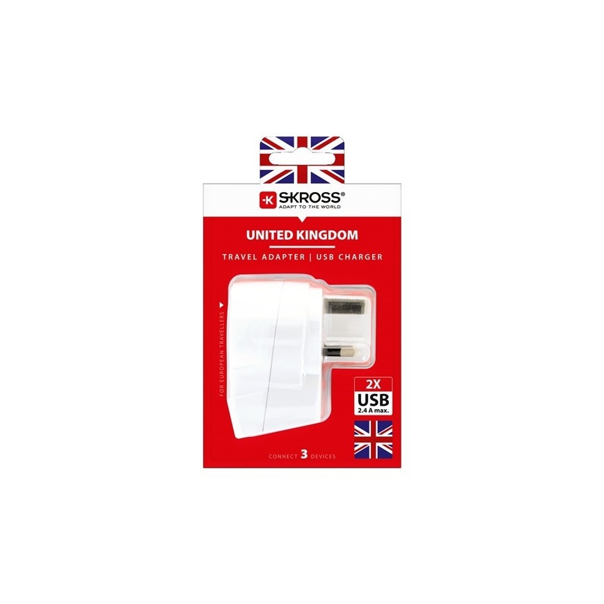 Rejseadapter til UK 230V + 2x USB-port