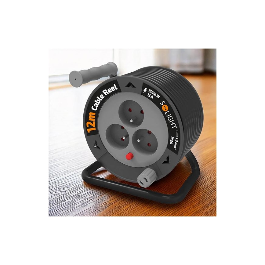Kabeltromle med forlængerledning – 3 udtag, 12 m