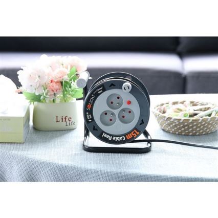 Kabeltromle med forlængerledning, 3 udtag, 12 m