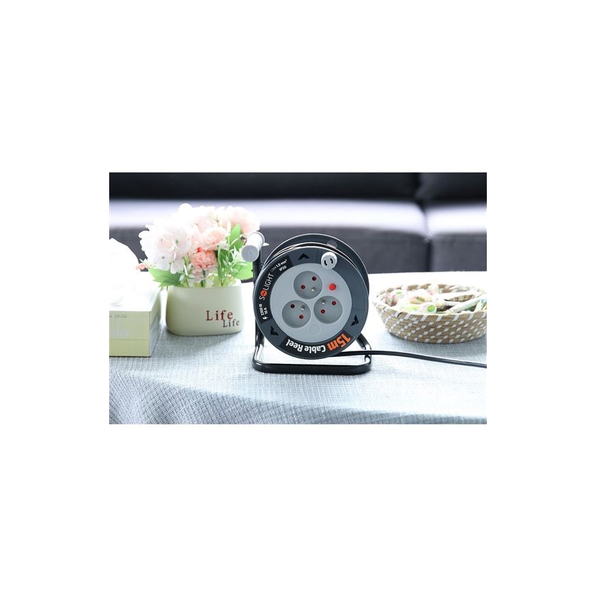 Kabeltromle med forlængerledning, 3 udtag, 12 m