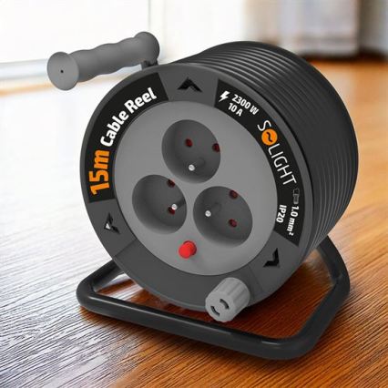 Kabeltromle med forlængerledning, 3 udtag, 12 m