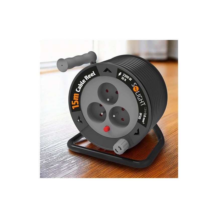 Kabeltromle med forlængerledning, 3 udtag, 12 m