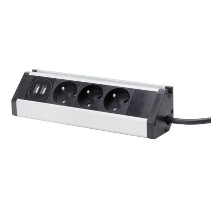 Stikdåse 3Z + 2x USB 1,5 m sort