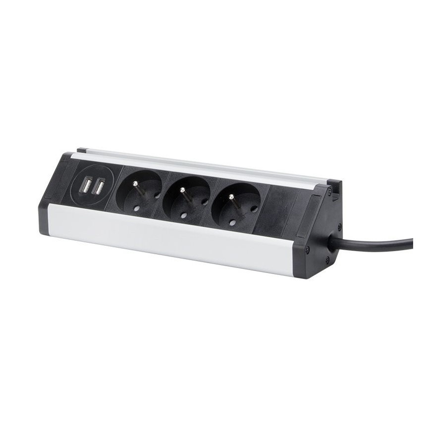 Stikdåse 3Z + 2x USB 1,5 m sort