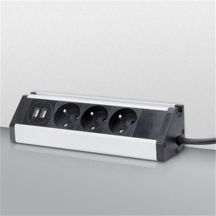 Stikdåse 3Z + 2x USB 1,5 m sort