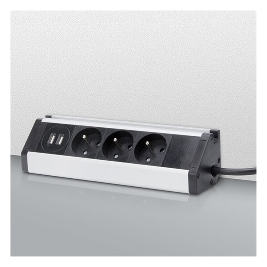 Stikdåse 3Z + 2x USB 1,5 m sort