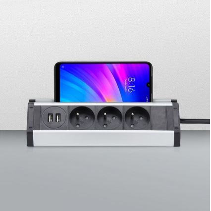 Stikdåse 3Z + 2x USB 1,5 m sort