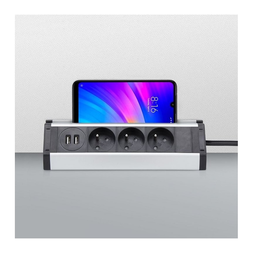 Stikdåse 3Z + 2x USB 1,5 m sort