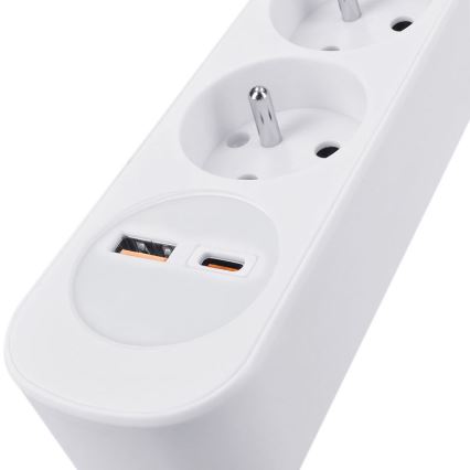 Forlængerledning med afbryder, 3 udtag og USB A- og C-opladning, 2 m