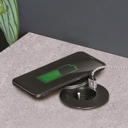 Indbygget stikkontakt med 10 W trådløs opladning, 1x stikkontakt + USB-A og USB-C, sort