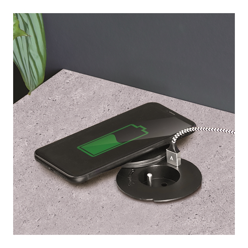 Indbygget stikkontakt med 10 W trådløs opladning, 1x stikkontakt + USB-A og USB-C, sort