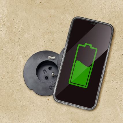 Indbygget stikkontakt med 10 W trådløs opladning, 1x stikkontakt + USB-A og USB-C, sort