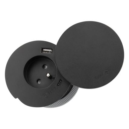 Indbygget stikkontakt med 10 W trådløs opladning, 1x stikkontakt + USB-A og USB-C, sort