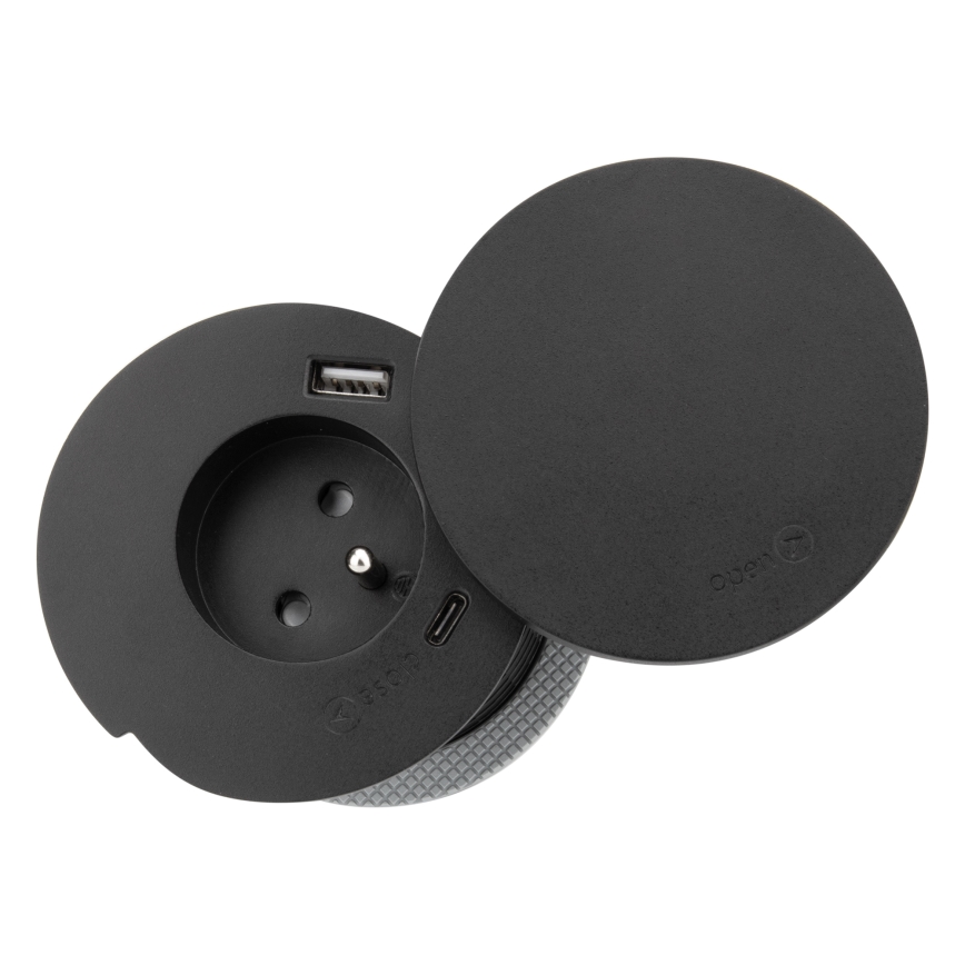 Indbygget stikkontakt med 10 W trådløs opladning, 1x stikkontakt + USB-A og USB-C, sort