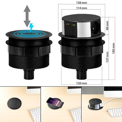 Stikkontakt-søjle til bordplade med trådløs Qi-opladning 3x230V + 1xUSB-A + 1xUSB-C sort/sølv