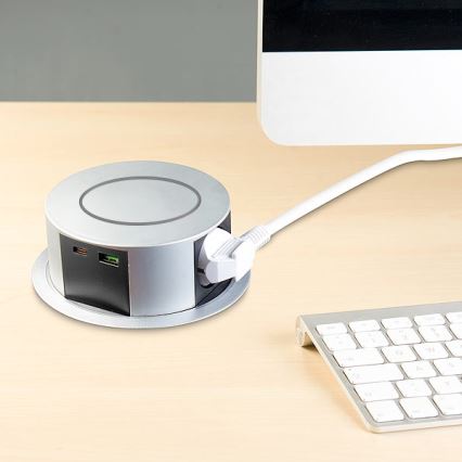 Stikkontaktsøjle m. trådløs Qi-opladning til bordplade 3x230V + 1xUSB-A + 1xUSB-C