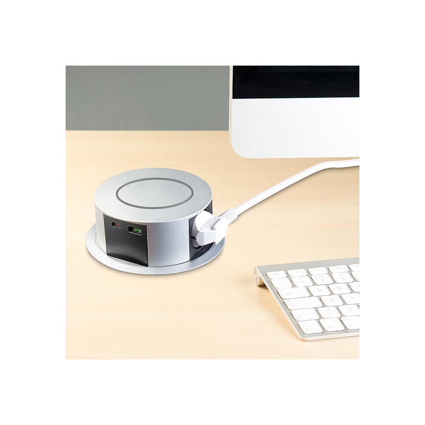 Stikkontaktsøjle m. trådløs Qi-opladning til bordplade 3x230V + 1xUSB-A + 1xUSB-C
